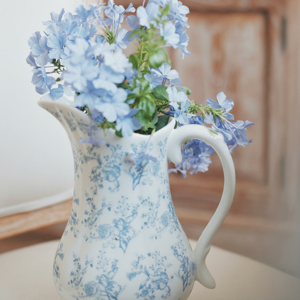 Blue and white ceramic pitcher vase filled with blue flowers