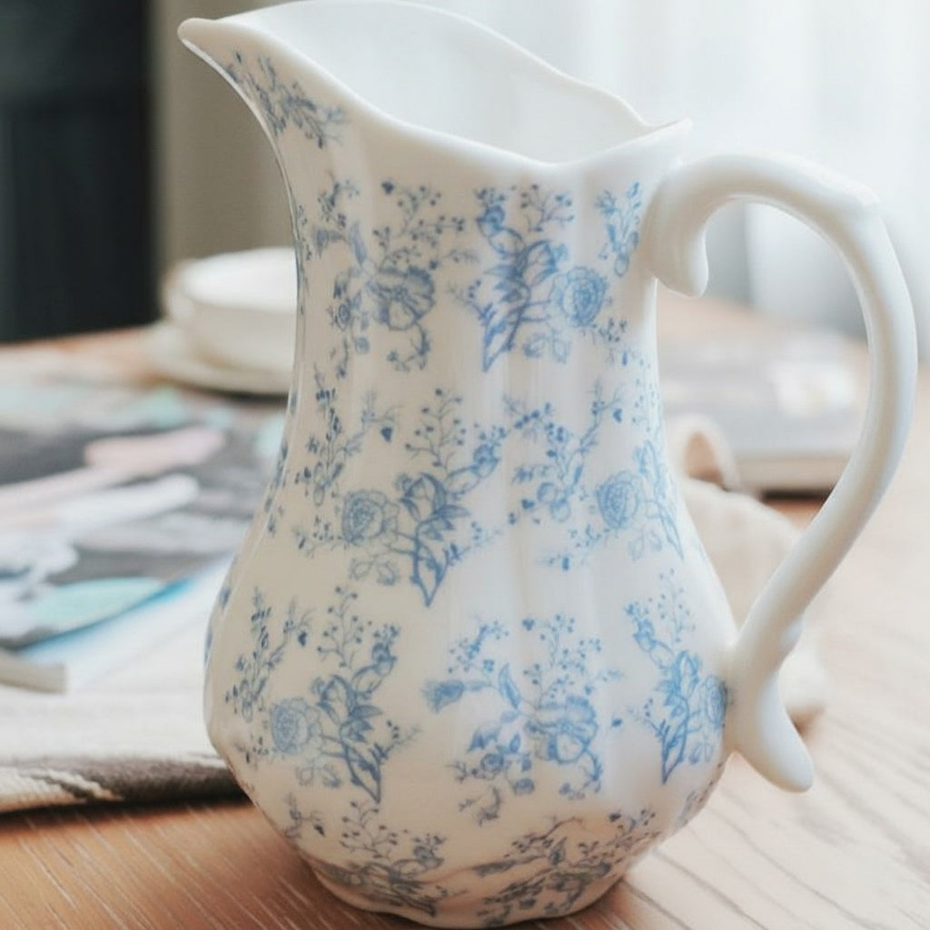 Side view of floral porcelain pitcher vase handle detail