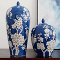 Blue and white porcelain ginger jar with plum blossom design front view