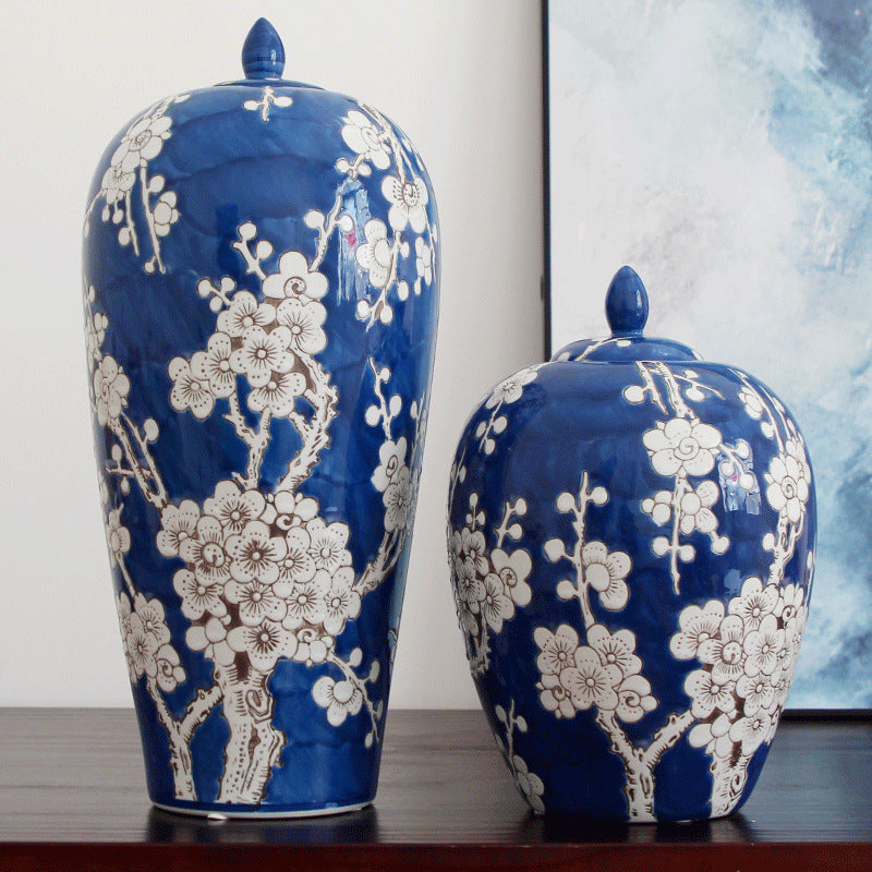 Blue and white porcelain ginger jar with plum blossom design front view