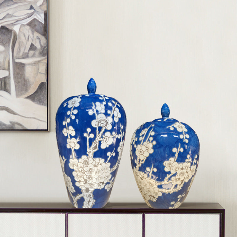 Set of two blue porcelain temple jars on a sideboard