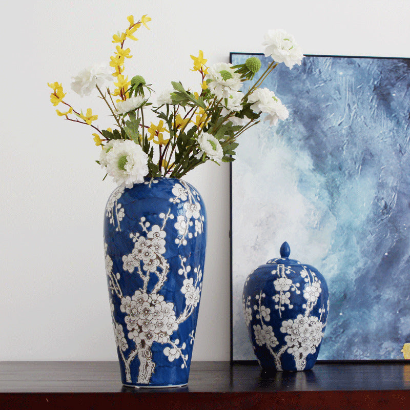Blue porcelain jar used as a flower vase without lid