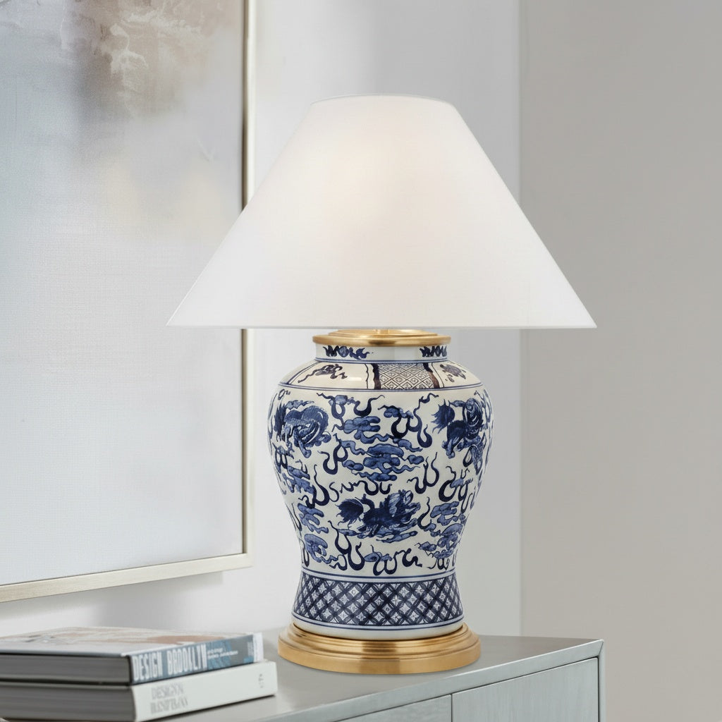 Angled view of porcelain jar lamp with white shade