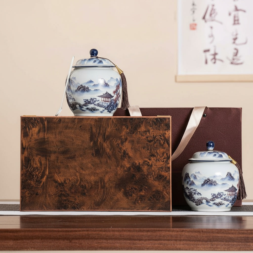 Blue and white porcelain tea caddy next to a wooden gift box