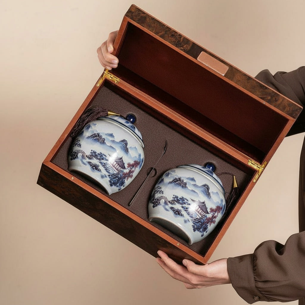 Two blue and white porcelain tea jars inside a wooden presentation box