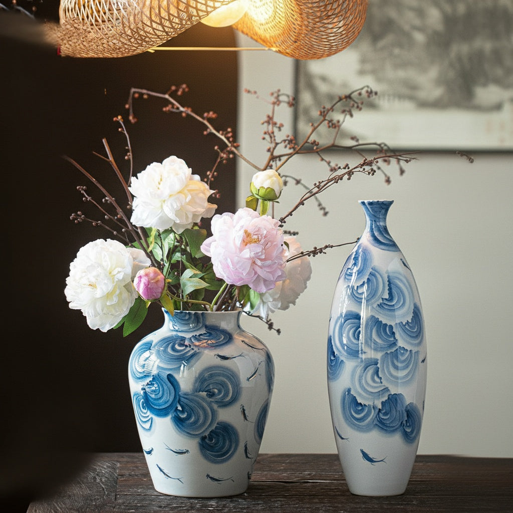 Hand painted blue and white porcelain vase with wave and fish motif styled with flowers