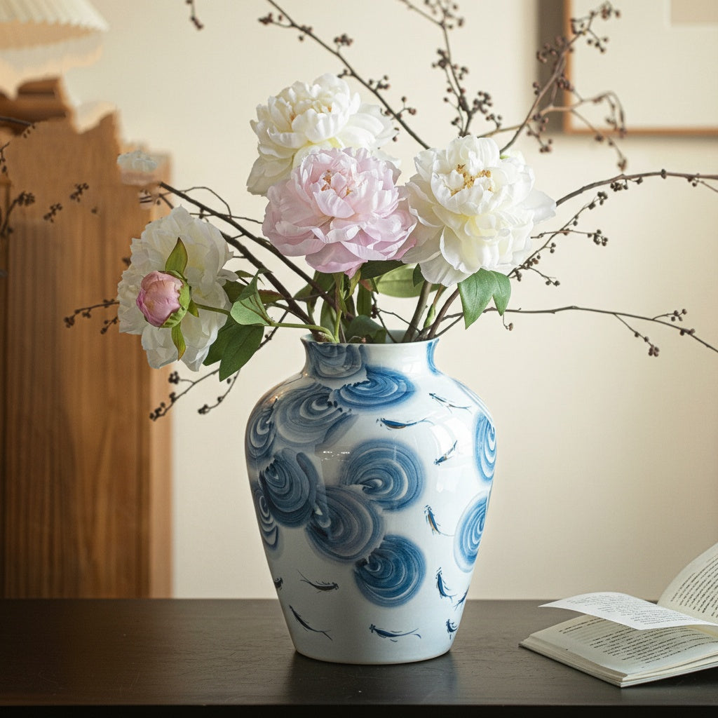 Wide porcelain jar vase featuring blue swirl patterns on table
