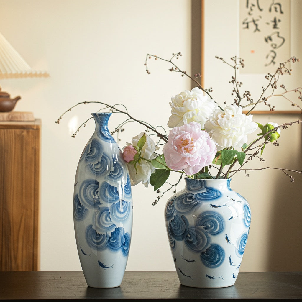 Set of two blue and white ceramic vases in tall and wide shapes