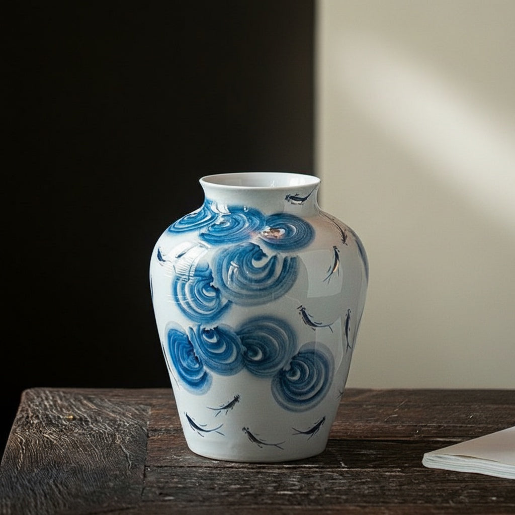 Detail shot of wide ceramic vase showing wave brushstrokes and fish design