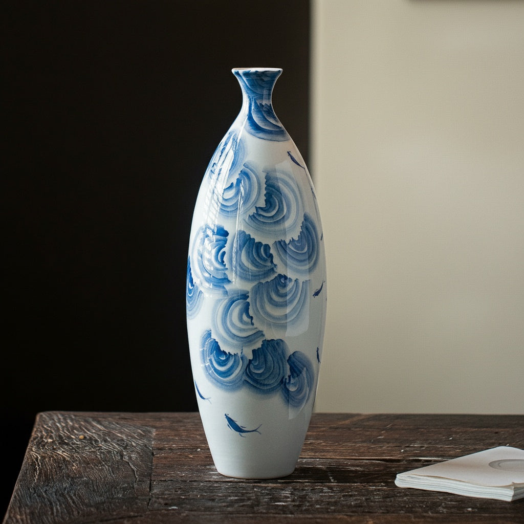 Tall slender blue and white porcelain vase with swirling wave art