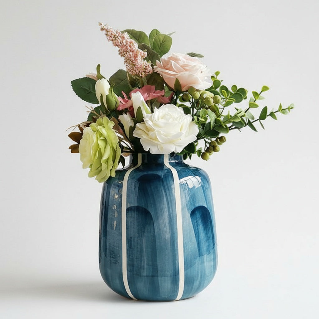 Front view of blue ceramic vase with white stripes holding floral arrangement