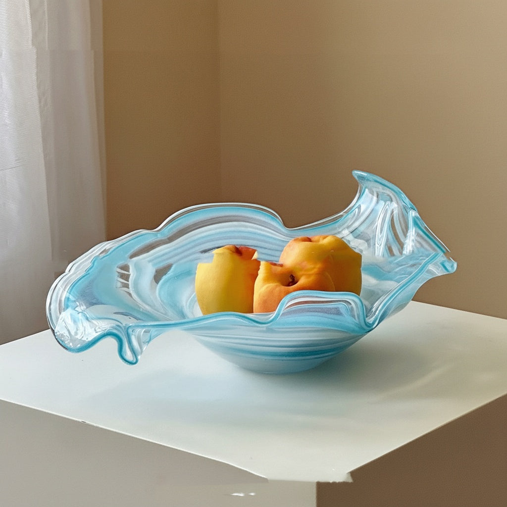 Blue art glass centerpiece bowl on display
