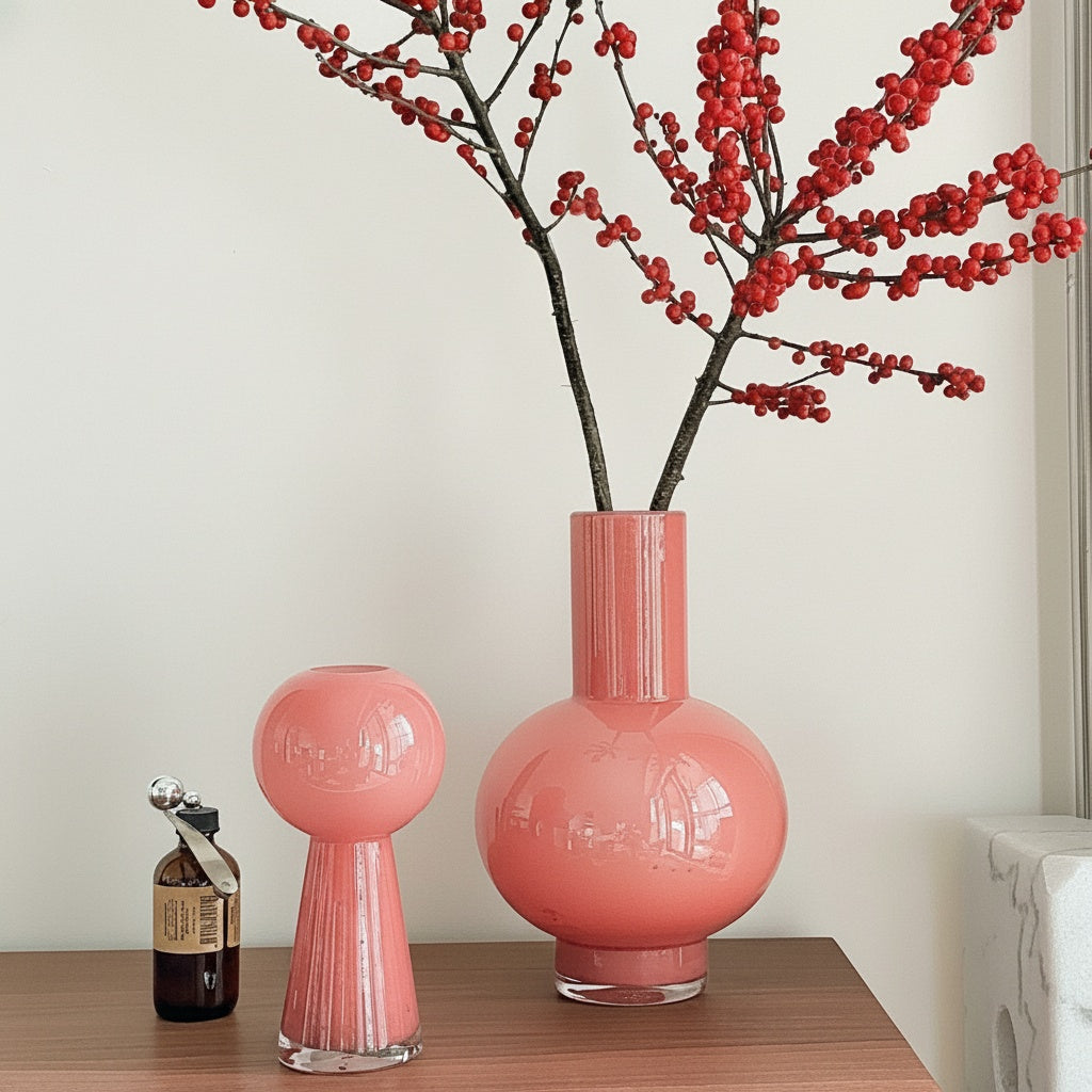 Blush Glass Geometric Vase styled with red berries