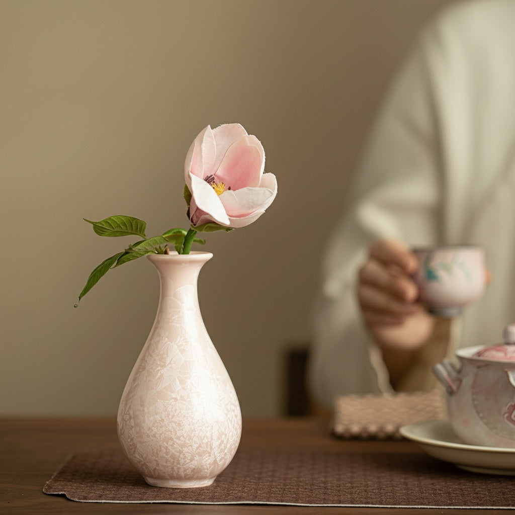 Blush patterned ceramic bud vase displaying a single pink flower on a wooden table