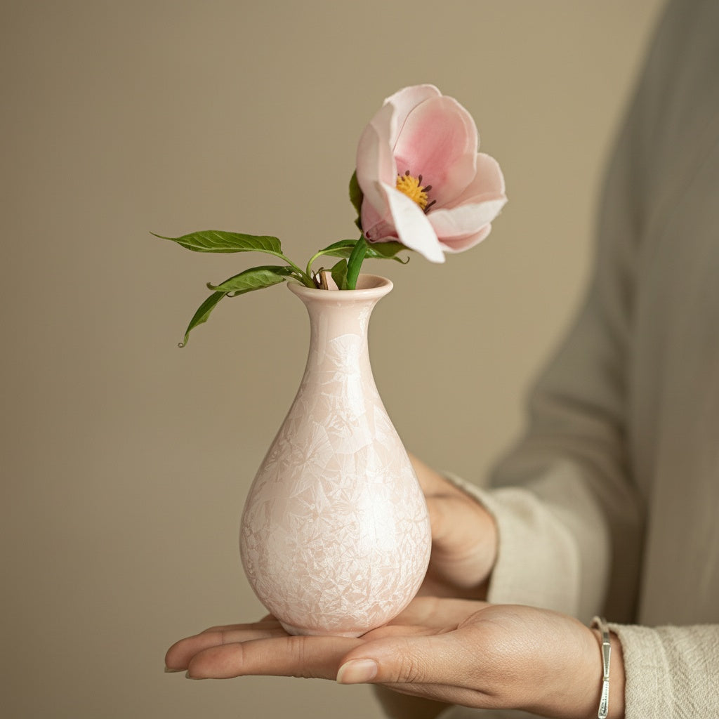 Person holding a small blush pink ceramic bud vase with a delicate flower