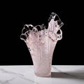 Blush pink and white swirled art glass vase with ruffled rim