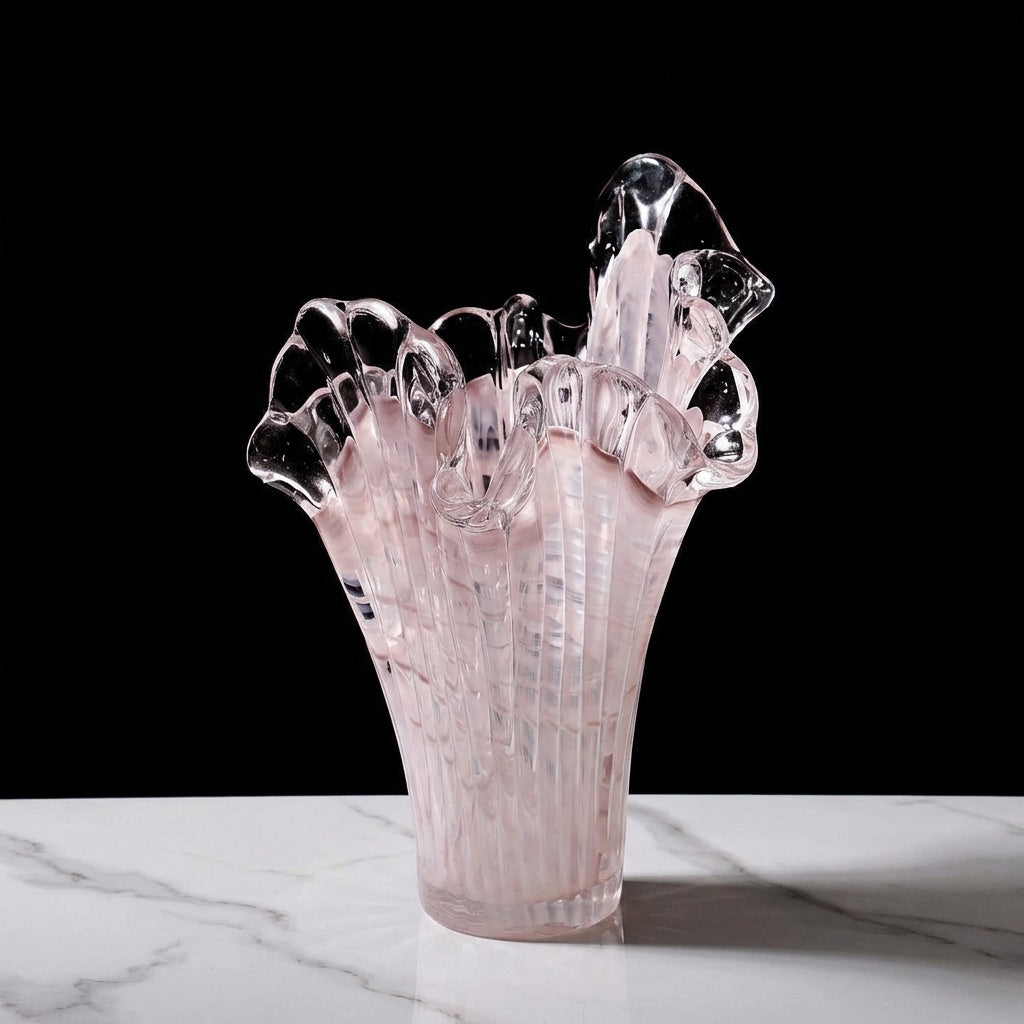 Blush pink and white swirled art glass vase with ruffled rim
