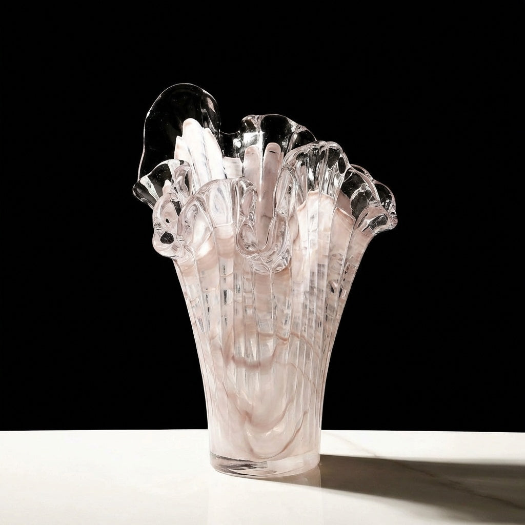 Full view of blush pink and white glass vase on table