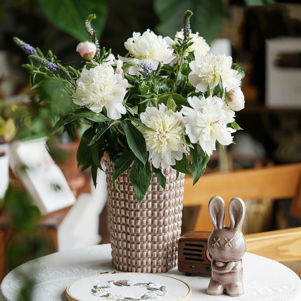 Blush Textured Ceramic Cylindrical Vase with Flowers