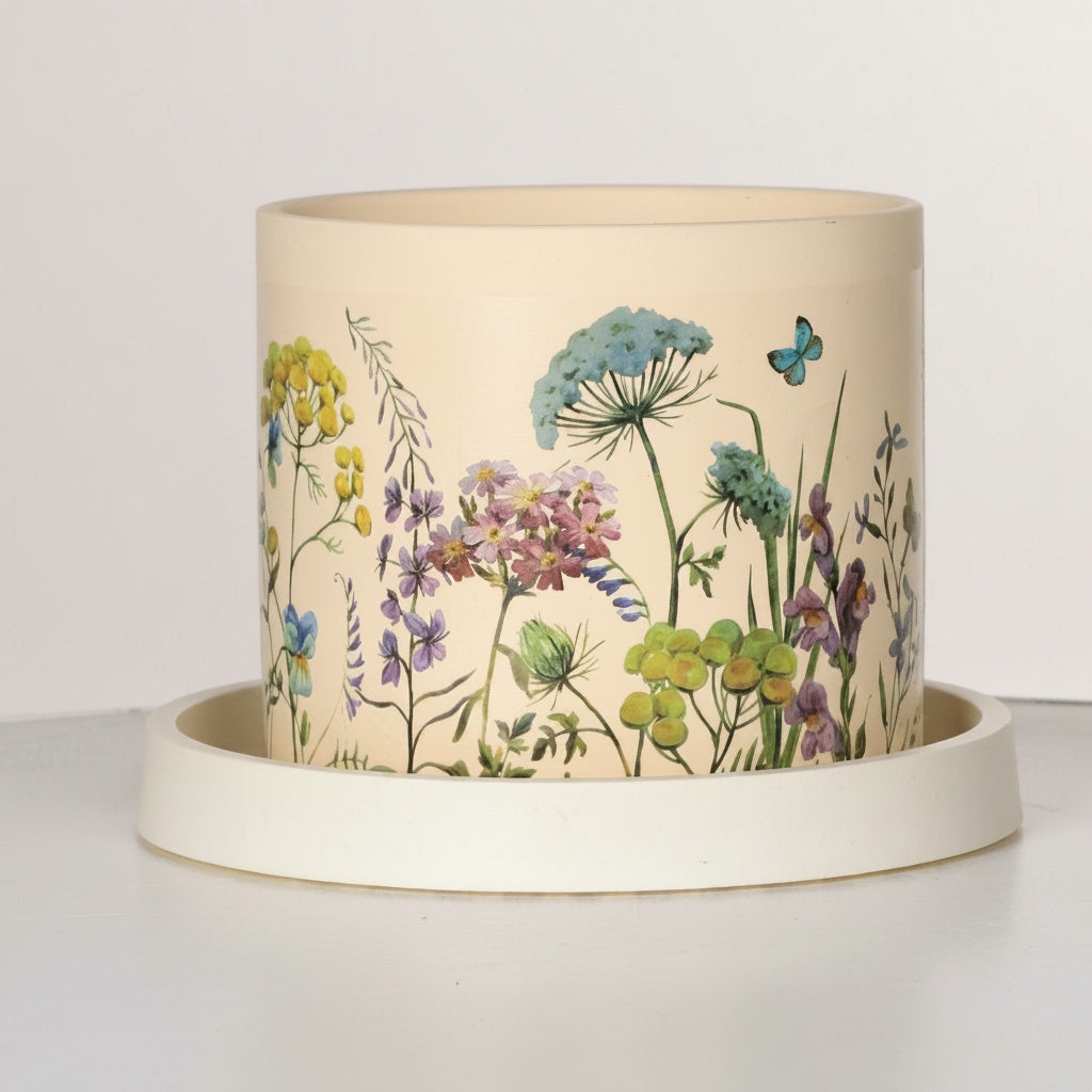 Botanical Ceramic Cylindrical Planter And Saucer