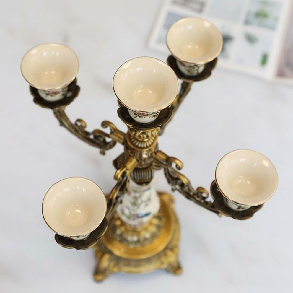 Brass And Porcelain Five Arm Candelabra