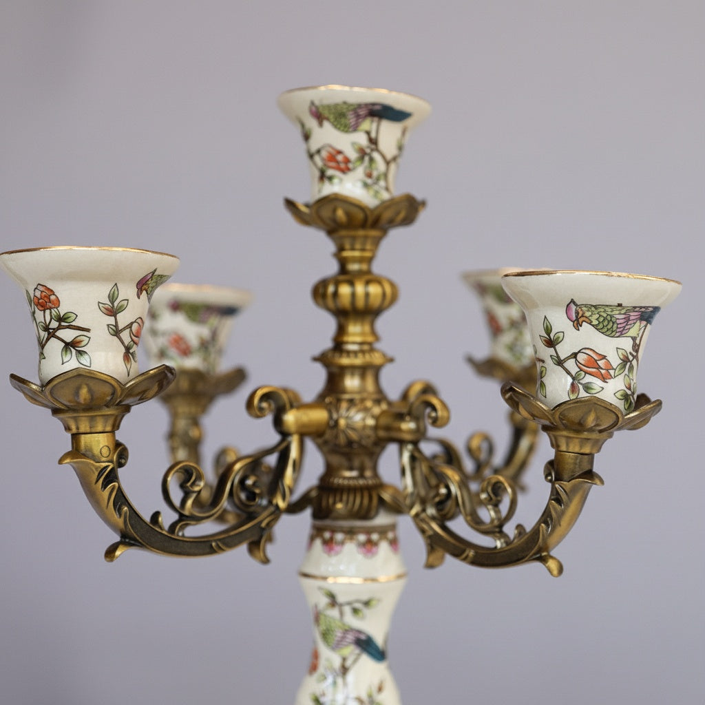 Brass And Porcelain Five Arm Candelabra