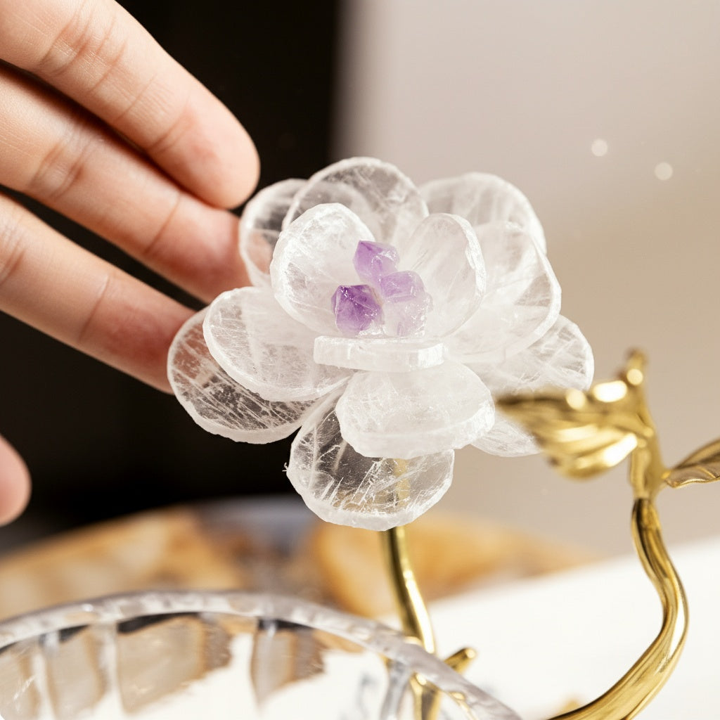 Close up detail of white stone flower petals with amethyst center