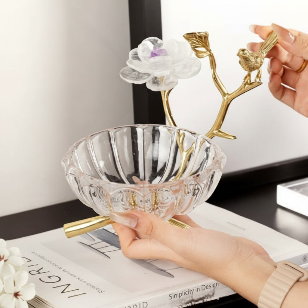 Lifestyle shot of decorative bowl held by hand showing scale