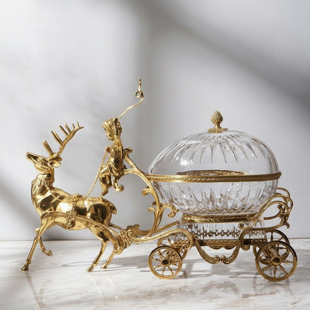 Brass And Crystal Deer Carriage Centerpiece Bowl