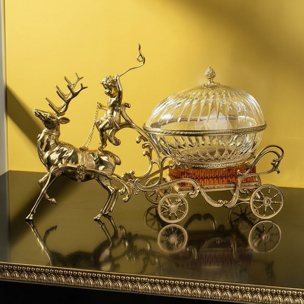 Brass And Crystal Deer Carriage Centerpiece Bowl