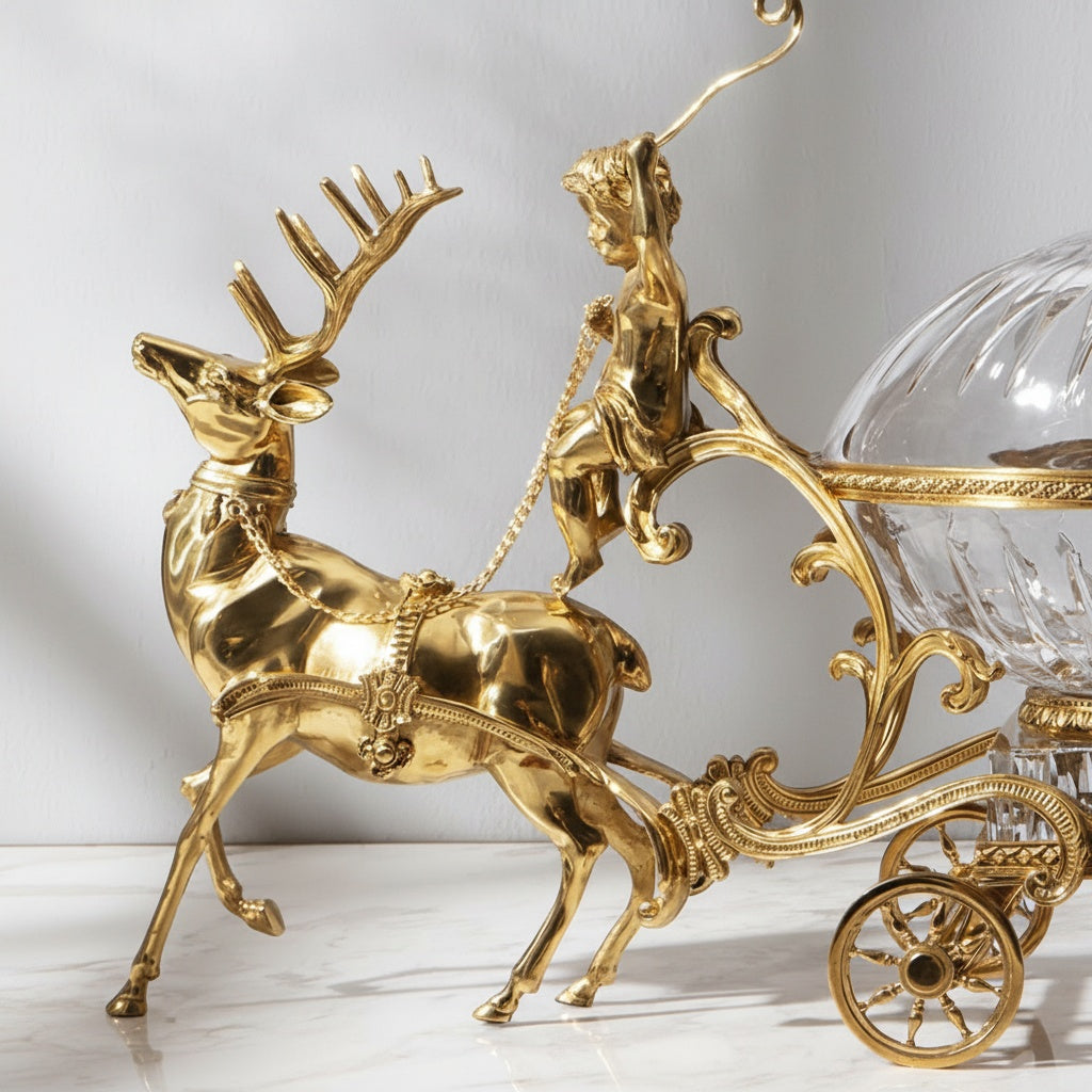 Brass And Crystal Deer Carriage Centerpiece Bowl