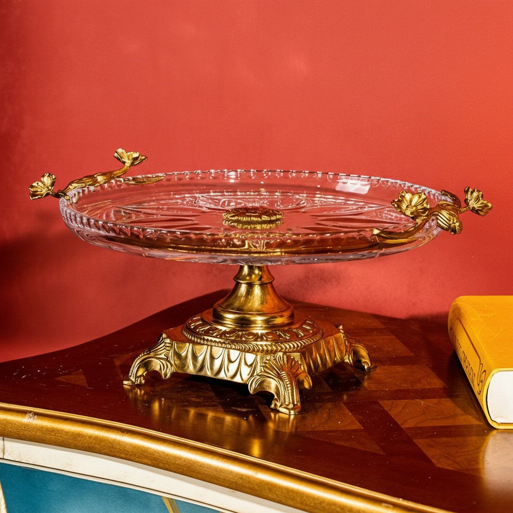 Empty brass and crystal footed serving stand front view