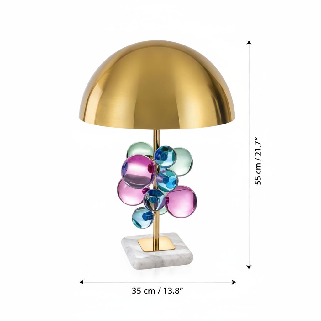 Dimensions diagram of brass and glass bubble lamp