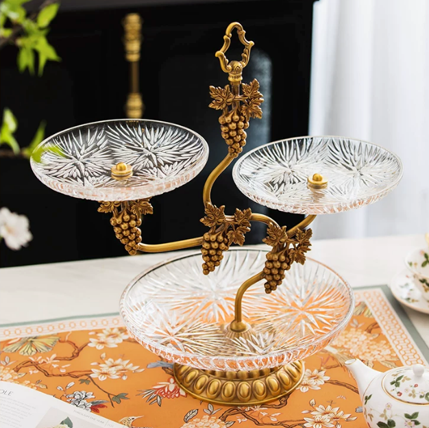 Vintage brass and glass 3-tier serving stand with clear textured trays