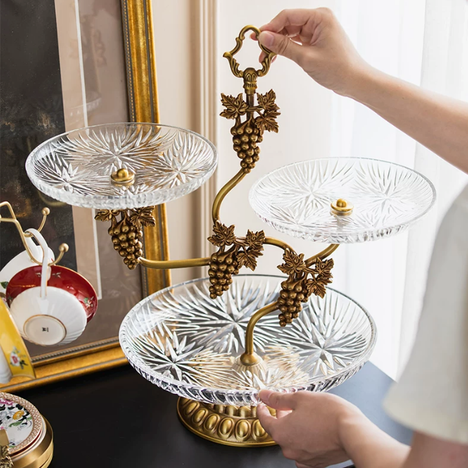 Easy assembly of brass and glass 3-tier serving stand with removable glass trays