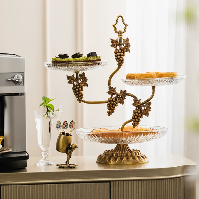 Luxury grapevine 3-tier serving stand styled on console table for home decor