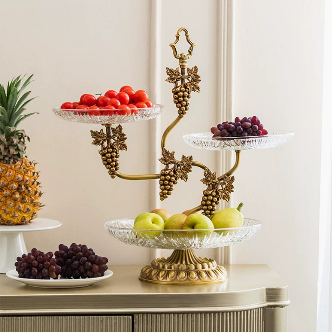 3-tier serving stand with grapes apples and fruit for dining table centerpiece