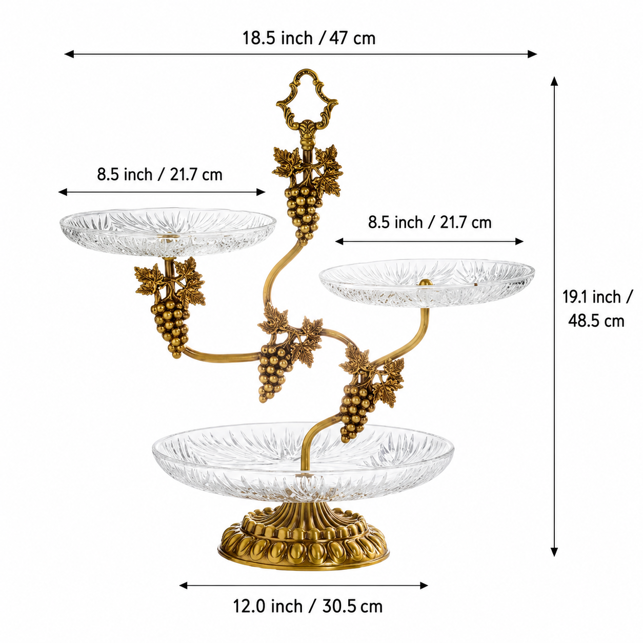Brass and glass grapevine 3-tier serving stand size guide with measurements