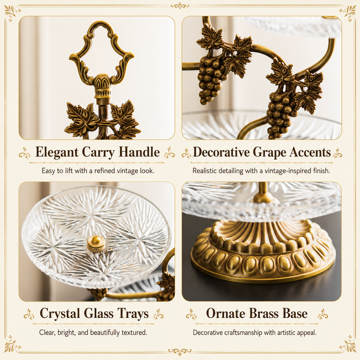 Brass and glass grapevine serving stand feature guide with handle glass trays and ornate base