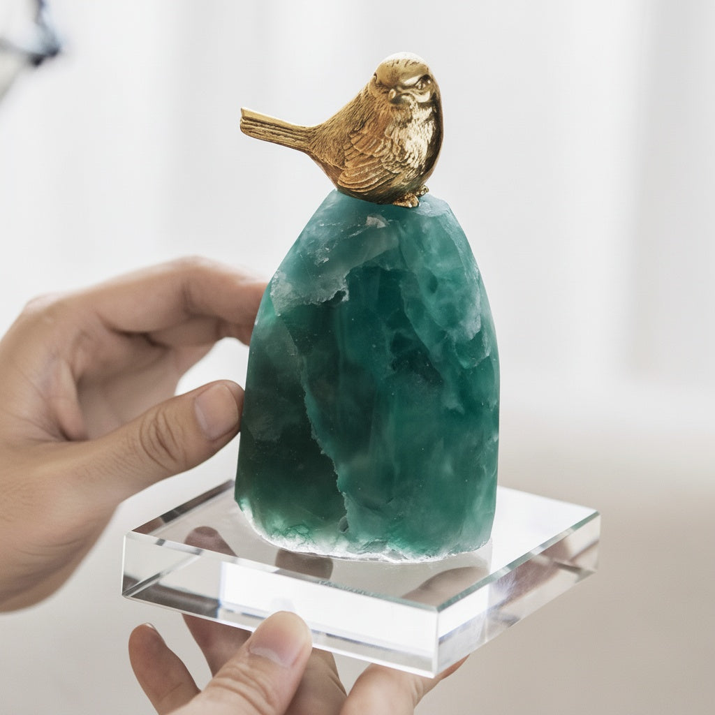 Person holding the brass and green stone bird figurine