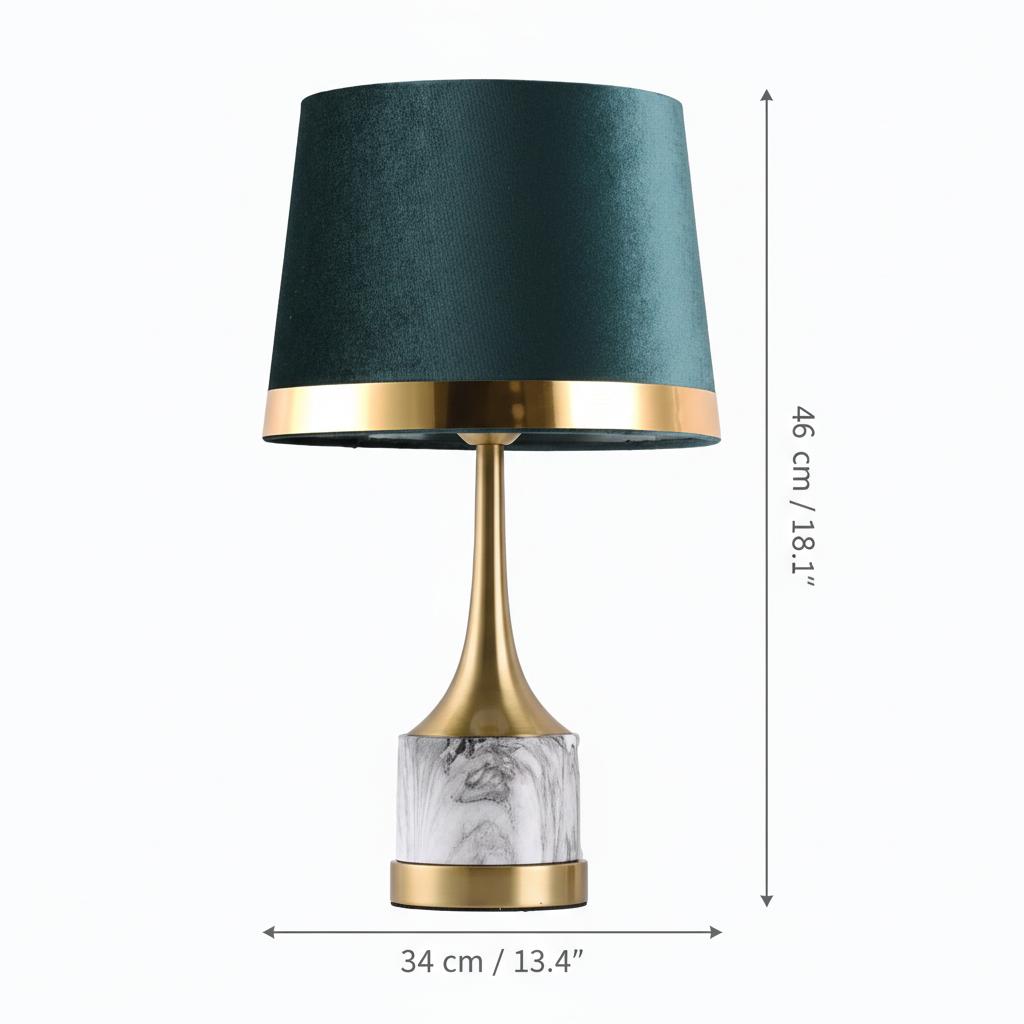 Dimensions diagram of brass and marble table lamp