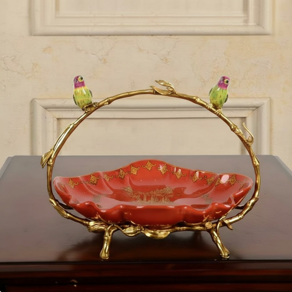 Full view of decorative bowl showing scalloped edges and gold detailing