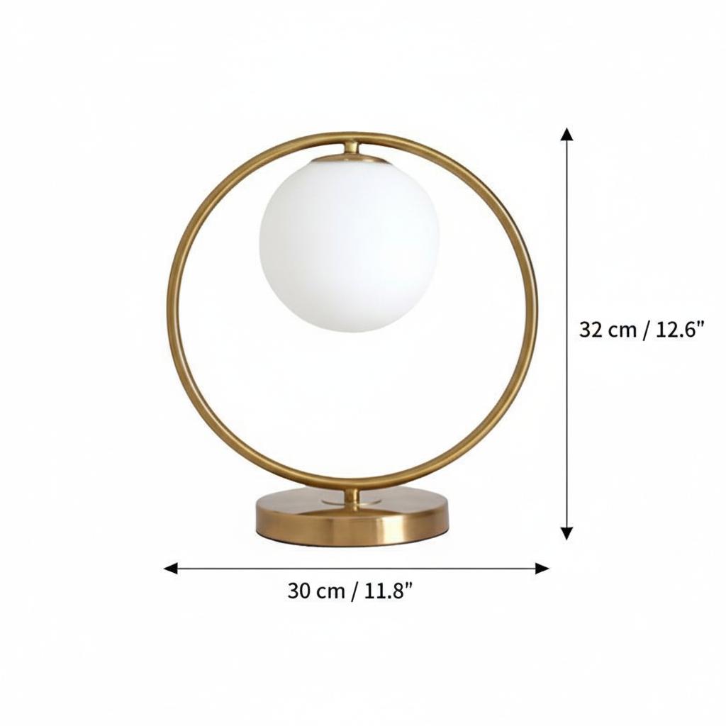 Dimensions diagram of brass ring globe table lamp