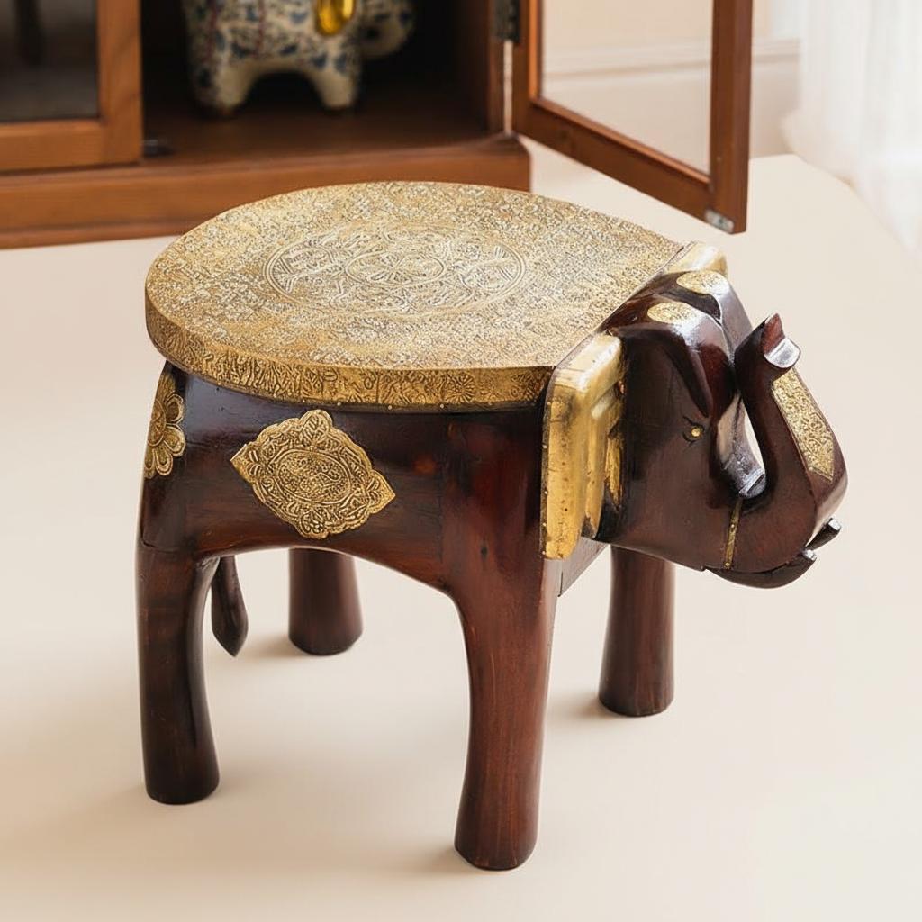 Front angle view of brass and wood elephant stool