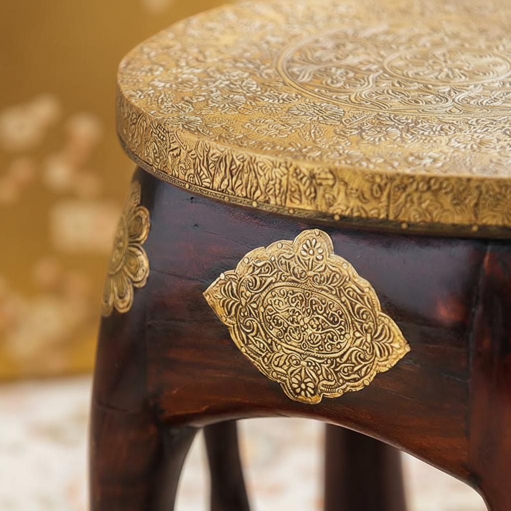 Close up of intricate brass embossing on side