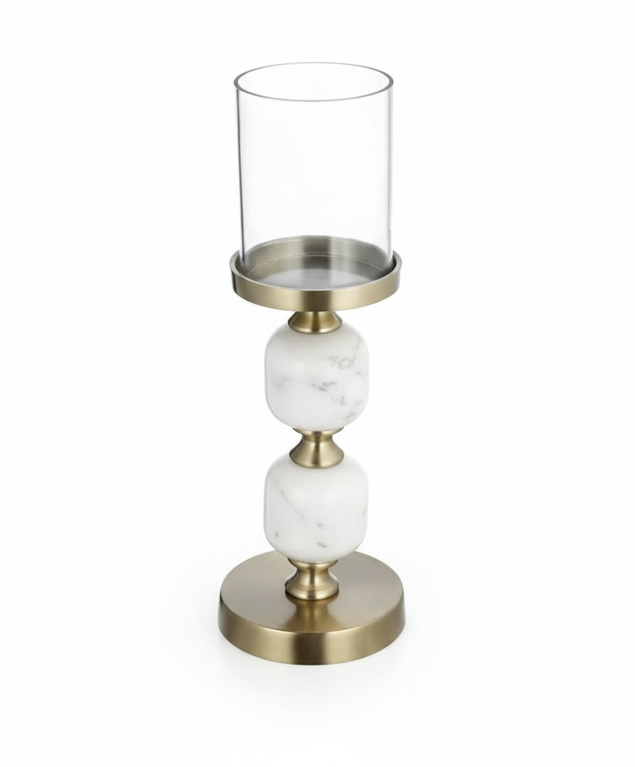 Brass And White Marble Stacked Sphere Candle Holder Front View