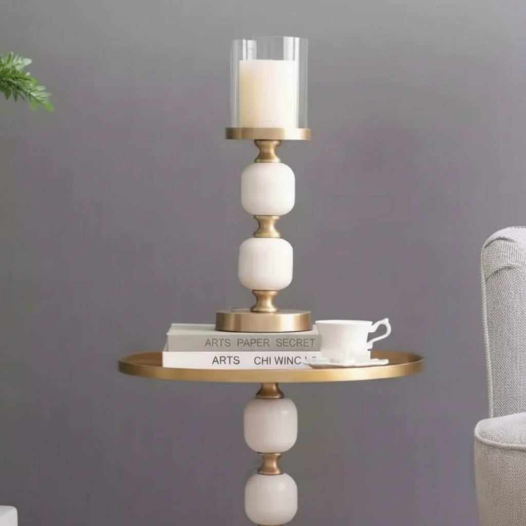 Brass And White Marble Stacked Sphere Candle Holder Lifestyle View