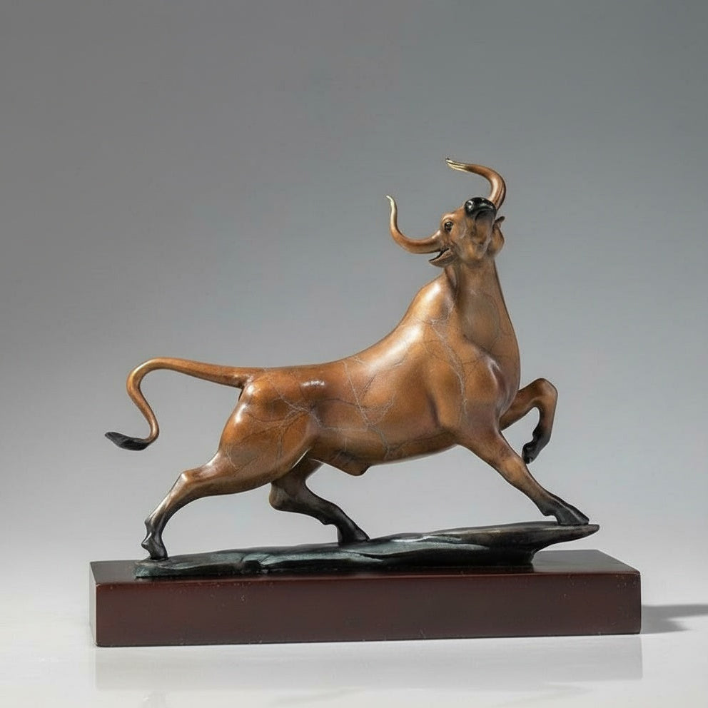Side view of bronze finish charging bull sculpture on base