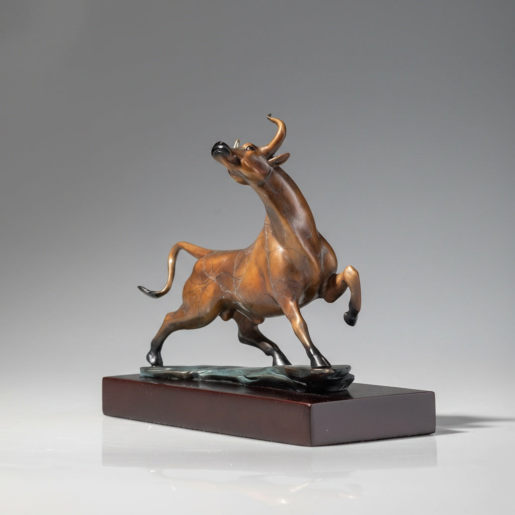 Close up low angle view of bronze bull statue face and chest