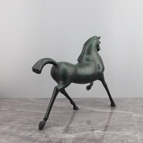 Rear angle view showing the patina and form of the metal horse statue